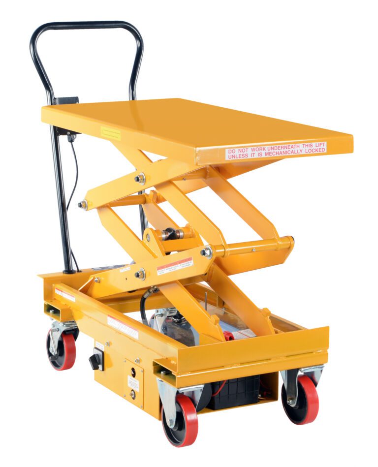 CART-1000D-DC_A.jpg The bright yellow Vestil DC Power Hydr Scissor Cart 1K 39.75X20.5 is a hydraulic lift table with a scissor mechanism, featuring a flat platform, black handle, red caster wheels for mobility, and a visible side safety warning.