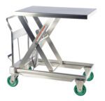 The Vestil SS Hydraulic Scissor Cart 1.1K 35.5X23.5 is a durable stainless steel lift table with a flat rectangular top, X-shaped support, and four green caster wheels for easy mobility and heavy lifting.