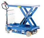 The Vestil Hydraulic Single Scissor Cart 1.5K 40X24 features a blue lift table with a handle, control panel, and wheels for easy mobility, supported by a durable scissor mechanism for efficient material transport or elevation.