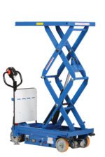 The blue Vestil Hydraulic Double Scissor Cart 1.5K 40X24 comes with caster wheels and a handle for easy maneuvering, offering optimal functionality when elevated to its maximum height.