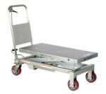 The Vestil SS Single Scissor Cart 1.75K 20 X 39.5 is a stainless steel hydraulic lift table cart with a flat surface, manual handle, and four red caster wheels, perfect for heavy-duty lifting and transporting tasks in industrial or warehouse environments.