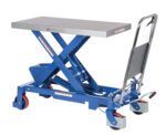 The Vestil Hydraulic One Scissor Cart 1.75K 20X39.5 has a blue X-frame design, flat platform, four red caster wheels, and supports up to 1.75K with dimensions of 20x39.5 inches. It includes a black foot pedal and handle for easy maneuvering of this efficient lift table.