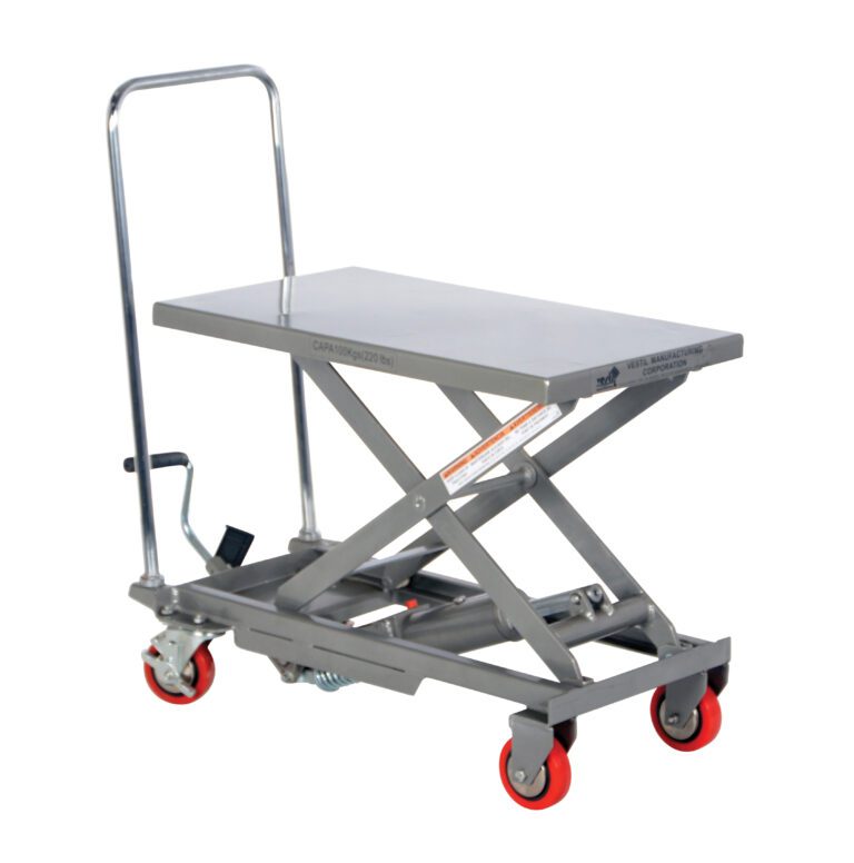 CART-200-ALUM_A.jpg The Vestil Aluminum Elevating Cart 220Lb 15.75x27 features a silver hydraulic lift table with a flat platform, metal handle, scissor lift mechanism, foot pedal, and red caster wheels for efficient heavy item transport.