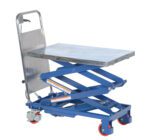The Vestil Hydra Double Scissor Cart 220Lb 17.5X27 features a blue hydraulic lift table with a 17.5x27 stainless steel platform, red caster wheels, and a convenient handle for easy maneuvering, ideal for efficiently lifting and transporting items up to 220 lbs.