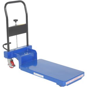 Meet the Vestil Low Profile Hydraulic Scissor Cart 200 Lb Auto-Shift: a versatile blue flatbed trolley with a black handle, red swivel caster wheel, and adjustable height mechanism, ideal for smoothly transporting heavy items.