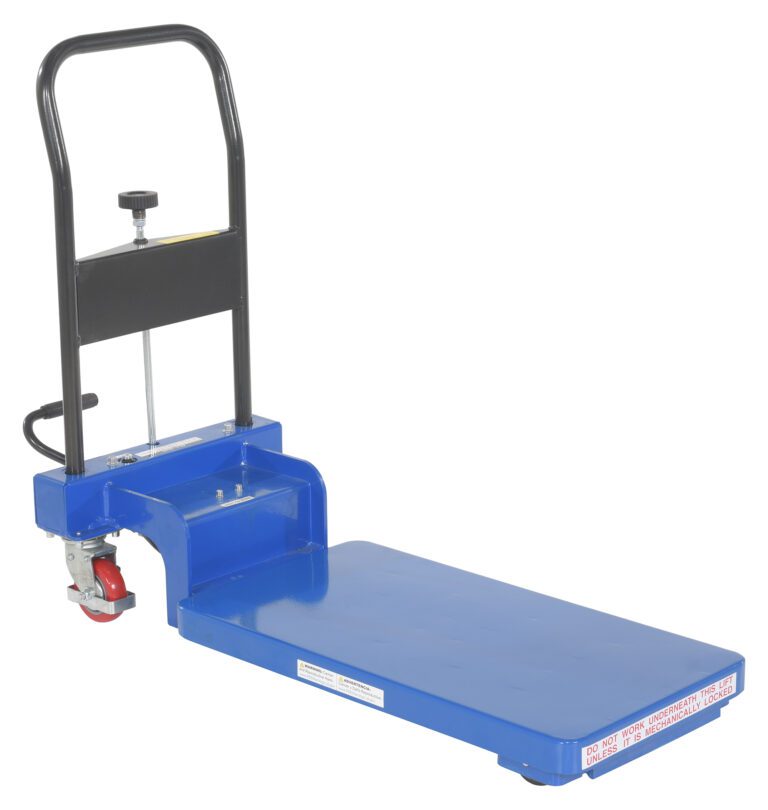 Meet the Vestil Low Profile Hydraulic Scissor Cart 200 Lb Auto-Shift: a versatile blue flatbed trolley with a black handle, red swivel caster wheel, and adjustable height mechanism, ideal for smoothly transporting heavy items.