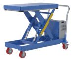 The Vestil Hydraulic Elevating Cart 20X40 2000 12V DC is a blue lift table with a scissor lift mechanism, four red caster wheels, and a silver handle. It includes advanced safety features for efficiently transporting and lifting items up to 2000 lbs.