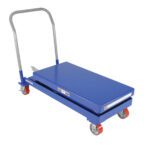 The blue Vestil Hydraulic Elev Cart 20X40 2000 Foot Pump features a rectangular platform, metal handle, and four wheels (two with brakes), efficiently transporting heavy loads up to 2000 lbs in industrial settings.