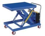 The Vestil Hydraulic Elevating Cart 32X40 2000 12V DC is a blue scissor lift table with a flat top and sturdy metal frame, featuring four red swivel caster wheels, a silver handle, and yellow side controls. It measures 32x40 inches and operates on a powerful 12V DC system.