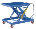 The Vestil Hydraulic Elev Cart 32X40 2000 Foot Pump is a blue scissor lift table with a rectangular platform and red wheels, designed with a foot pump and handlebar for easy lifting and transporting of heavy items.