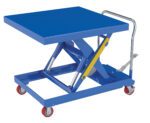 The Vestil Hydraulic Elev Cart 42X42 2000 Foot Pump features a blue lift table with a flat 42x42 surface, yellow lever, sturdy metal handle, and red wheels. It has a reliable foot pump supporting a 2000-lb capacity for smooth lifting.
