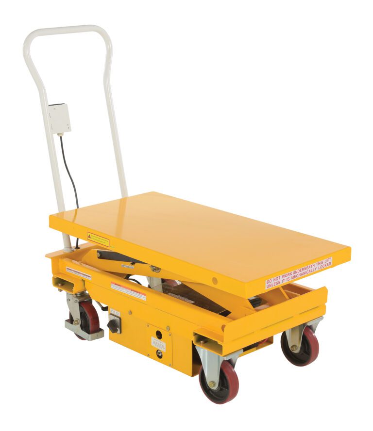 CART-2000-DC-C_A.jpg The Vestil Combo Hydraulic Elevating Cart 2K 20X40 has a yellow lift table with a handle and four wheels. Its flat tabletop is supported by a sturdy scissor lift, ensuring stable elevation. The red and gray wheels provide smooth mobility.