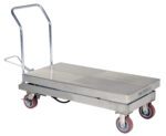The Vestil Partially Ss Elevating Cart 2K 24 X 47 includes a stainless steel platform trolley with a flat surface and four red swiveling casters. It features a tall, curved handle and foot lever for easy transport of heavy loads.
