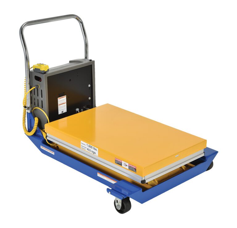 CART-23-10-DC_A.jpg The Vestil DC Powered Scissor Cart 1K 36 X 24 features a hydraulic lift table in blue and yellow with a solid platform, rolling smoothly on four wheels. It includes a silver handle, control buttons, attached power unit, and cords for easy operation.