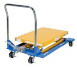 The Vestil Foot Pump Scissor Cart 1K 36 X 24 features a blue hydraulic lift table, yellow platform, steel handle, and four black caster wheels for easy mobility. Its foot pedal lifts heavy items efficiently, making it perfect for transporting goods with its 1K capacity and 36 x 24-inch size.