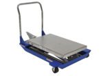 The Vestil Foot Pump Scissor Cart Pss 1.5K 36 x 24 has a blue hydraulic lift table with a rectangular metal platform and four black wheels. Its sleek metal handlebar is arched for easy movement, securely attached at the back.