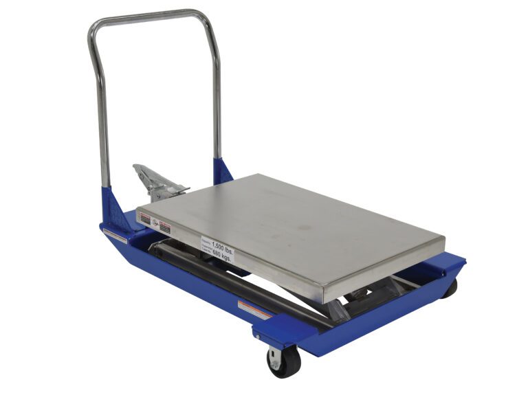 CART-23-15-M-PSS_A.jpg The Vestil Foot Pump Scissor Cart Pss 1.5K 36 x 24 has a blue hydraulic lift table with a rectangular metal platform and four black wheels. Its sleek metal handlebar is arched for easy movement, securely attached at the back.