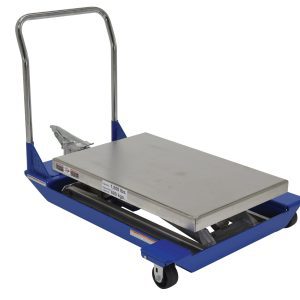 The Vestil Foot Pump Scissor Cart Pss 1.5K 36 x 24 has a blue hydraulic lift table with a rectangular metal platform and four black wheels. Its sleek metal handlebar is arched for easy movement, securely attached at the back.