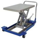 The Vestil Foot Pump Scissor Cart Pss 1K 48 X 24 features a sleek stainless steel platform, dimensions of 48 x 24 inches, a blue hydraulic lift table on wheels, a silver handle, and a foot pedal-operated scissor lift for easy use.