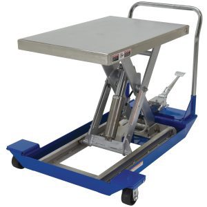 The Vestil Foot Pump Scissor Cart Pss 1K 48 X 24 features a sleek stainless steel platform, dimensions of 48 x 24 inches, a blue hydraulic lift table on wheels, a silver handle, and a foot pedal-operated scissor lift for easy use.