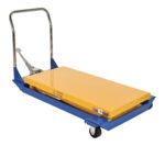 The Vestil Foot Pump Scissor Cart 1K 48 X 24 is a yellow and blue hydraulic lift table with a metal handle, caster wheels, and a pedal for easy lifting. Its designed to transport heavy loads up to 1,000 lbs on its 48 x 24 surface effortlessly.