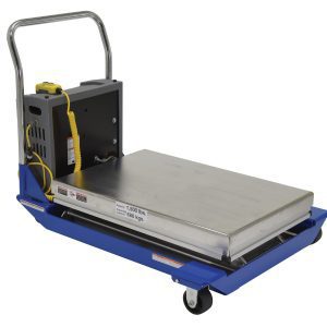 The Vestil DC Powered Scissor Cart PSS 1.5K features a blue metal platform with handle, four wheels, and a control panel with a yellow cable. It can transport loads up to 1500 lbs and measures 48 x 24 inches.