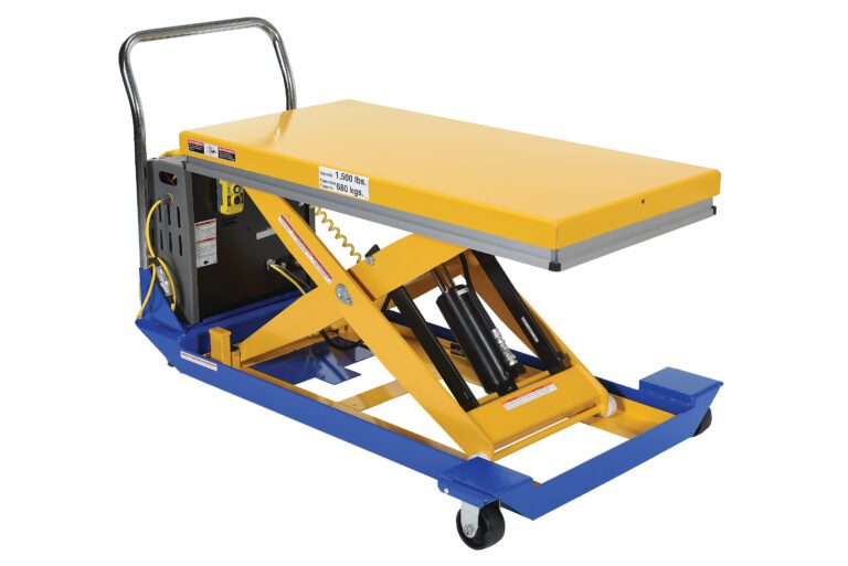 CART-24-15-DC_A.jpg The Vestil Dc Powered Scissor Cart 1.5K 48 X 24 features a yellow platform and blue frame on wheels. Equipped with a hydraulic lift and handle, it is an efficient industrial tool for easy maneuvering.