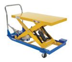 The Vestil Foot Pump Scissor Cart 1.5K 48 X 24 is a yellow and blue hydraulic lift table with a scissor lift mechanism, handle, and caster wheels. It has a 1.5K capacity, measures 48 x 24 inches, and uses an efficient manual foot pump for lifting heavy items.