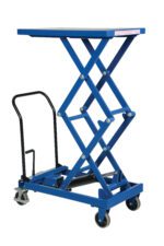 The Vestil Premium Double Scissor Cart 300 19.5X33 includes a blue rectangular platform with collapsible legs. It features four wheels, a black handle, and its robust mechanical structure elevates to full height. Platform dimensions are 19.5x33 inches.