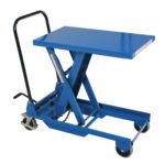 The Vestil Premium Single Scissor Cart 300Lb 18x30 is a blue hydraulic lift table with a handle and four wheels for easy maneuverability. Its scissor lift mechanism allows simple height adjustments, making it suitable for versatile tasks.