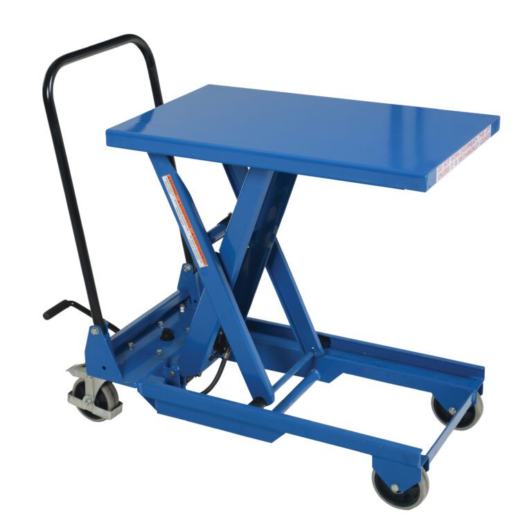 CART-300-S-FR_A.jpg The Vestil Premium Single Scissor Cart 300Lb 18x30 is a blue hydraulic lift table with a handle and four wheels for easy maneuverability. Its scissor lift mechanism allows simple height adjustments, making it suitable for versatile tasks.
