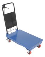 The Vestil Hydraulic Elevating Cart 330 Lb Capacity has a blue platform truck design, a safety lock on the black handle, and red wheels for stability. Its solid base offers reliable support for transporting heavy items.