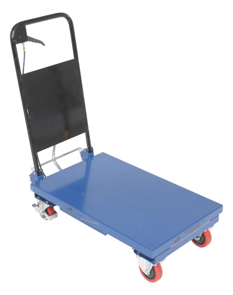 The Vestil Hydraulic Elevating Cart 330 Lb Capacity has a blue platform truck design, a safety lock on the black handle, and red wheels for stability. Its solid base offers reliable support for transporting heavy items.