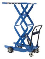 The Vestil Double Scissor Cart 400Lb 23.6 X 35.4 features a blue hydraulic lift, flat platform (23.6 x 35.4 inches), black handlebars, and a sturdy metal frame, designed for compact transport of up to 400 lbs of heavy items.