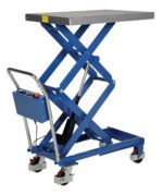 The Vestil Linear Scissor Cart 400Lb 23.625 X 35.5 features a blue hydraulic lift table with caster wheels, a control panel handle, and is shown raised.