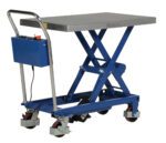 The Vestil Linear Elevating Cart, with a 400 lb capacity on its 23.625x35.5 platform, features a blue scissor lift table, metal platform, handle, control box, and four wheels—two with brakes—for enhanced mobility.