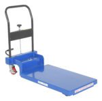 The Vestil Low Profile Hydraulic Scissor Cart 400 Lb Auto-Shift resembles a blue platform trolley with a black handle and red wheels, featuring a flat base for efficient item transport and a convenient adjustment knob near the handle.
