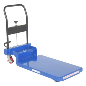 The Vestil Low Profile Hydraulic Scissor Cart 400 Lb Auto-Shift resembles a blue platform trolley with a black handle and red wheels, featuring a flat base for efficient item transport and a convenient adjustment knob near the handle.