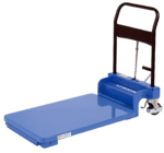 A platform hand truck with a foldable black handle and four wheels, ideal for heavy items, has a flat blue platform perfect for boxes. Pair it with the Vestil Low Profile Hydraulic Scissor Cart 400# Cap for versatile lifting solutions.