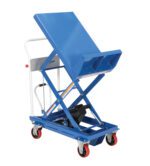 The Vestil Lift & Tilt Cart W/Sequence Select 400Lb features a blue scissor lift table with a tilting platform, four red casters, and a white handle, designed for efficiently lifting and transporting heavy loads.