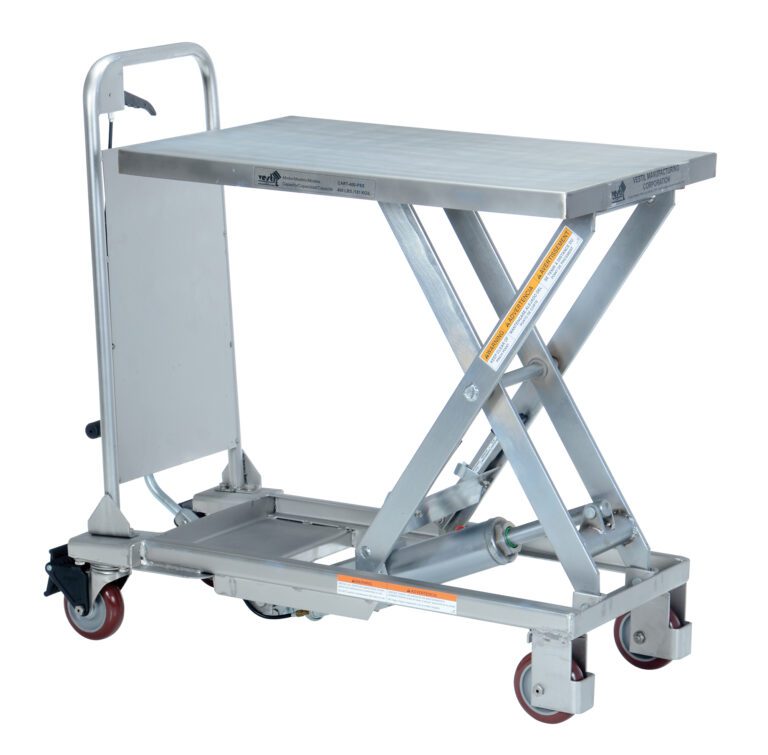 The Vestil Partially SS Cart 400Lb 17.5 x 27.5 features a silver hydraulic scissor lift table, four red wheels for easy movement, and a sturdy surface with a convenient handle for effortless transportation in any neutral setting.