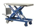 The Vestil Single Hydraulic Scissor Cart 4K 47 X 24 boasts a blue design, flat metal surface, scissor lift mechanism, and four wheels. It features a handlebar for easy handling and visible hydraulics for effortless height adjustment of the 47 x 24 table.