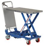 The Vestil Hydraulic Scissor Cart 400Lb 27.5X17.5 is a sturdy lift table with a silver platform and X-shaped support, perfect for elevating heavy items. It features four red wheels, a durable handle for enhanced mobility, and can handle up to 400 lbs.