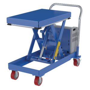 The Vestil Hydraulic Elevating Cart 20X33, with a 500 lb capacity, features a blue scissor lift table, silver handle, and red caster wheels. Its shown partially lifted and powered by a 12V DC system for efficiency and mobility.