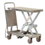The Vestil Partially Ss Cart 500Lb 19.5 X 32 is a sturdy stainless steel lift table featuring a scissor mechanism, four swivel casters, a handle, and safety labels. Its platform is elevated above the base for efficient handling.