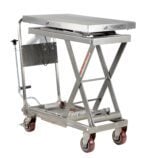 The Vestil Partially SS Cart W/Scale 500Lb 32X19.5 is a stainless steel lift table with a scissor lift, four red wheels, handle, and foot pedal, designed to easily transport heavy items up to 500 lbs.