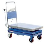 The Vestil Steel Scissor Cart W/Scale 500Lb 32X19.5 is a blue industrial platform lift cart with a silver handle and four red wheels, designed for heavy lifting. It features an easy-to-use control panel on the handle.