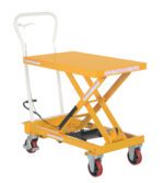 The Vestil Auto-Shift Cart 500Lb 19.5 X 32.5 features a sturdy yellow hydraulic lift table with a flat platform, white handle, smooth scissor lift mechanism, and red swivel caster wheels. It has a black pedal for easy lifting and boasts a 500 lb capacity on its frame.