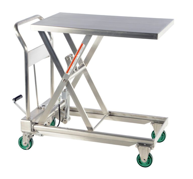 CART-550-SS_A.jpg The Vestil SS Hydraulic Cart 550lb 31.5x19.5 features a sturdy stainless steel lift table with a flat rectangular top, an adjustable scissor mechanism, and four green caster wheels, supporting up to 550 lb. It includes a handle and foot pedal for easy maneuverability on the job.