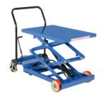 The Vestil Premium Double Cart 600Lb 33X23.25 scissor lift table features a flat rectangular platform with a black handle and red wheels. It supports up to 600 lbs using a hydraulic mechanism for easy lifting and lowering on its durable metal frame.